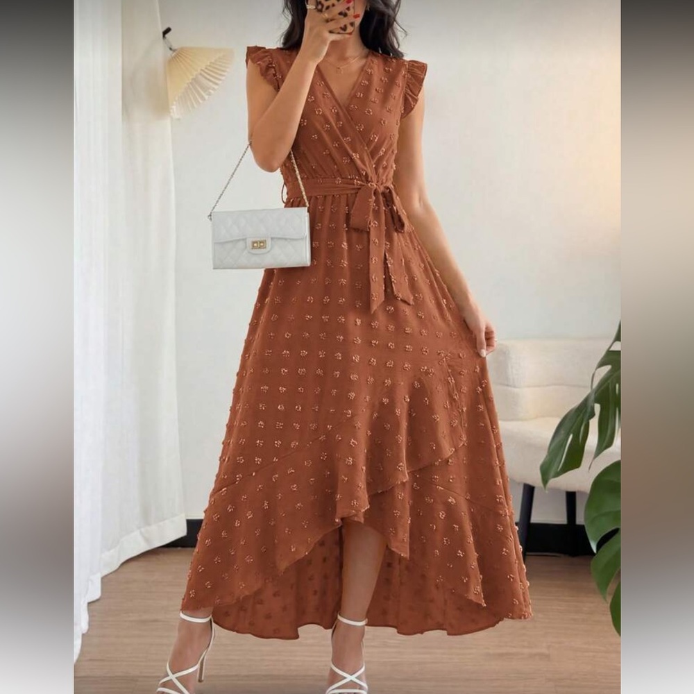 Elegant Burnt Orange High-Low Midi Dress with Tie Waist